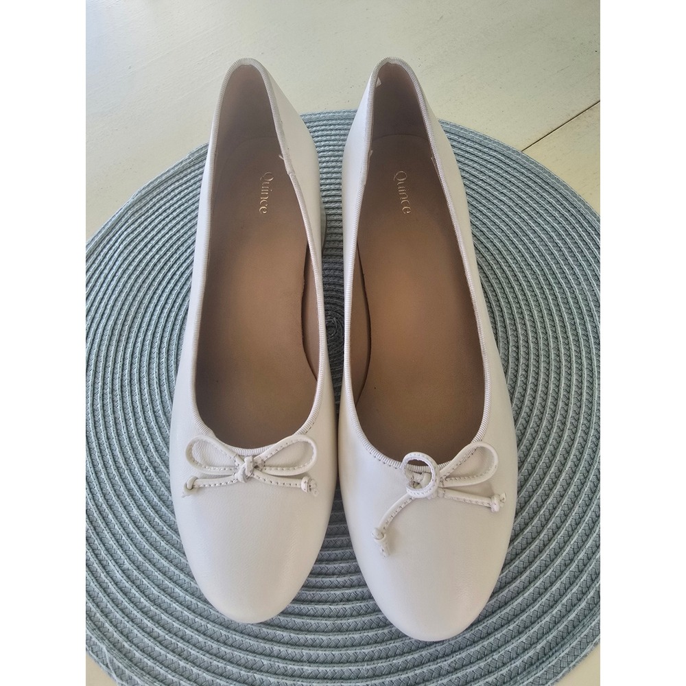 Quince Ivory Italian Leather Block Heel Round Toe Bow Pumps Womens Size 7